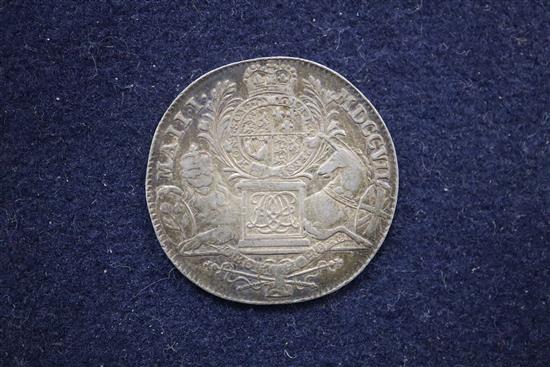 A silver sixpence 1790 Pattern by Droz, GEF and an England and Union of Scotland 1707 silver medal by J. Croker, F